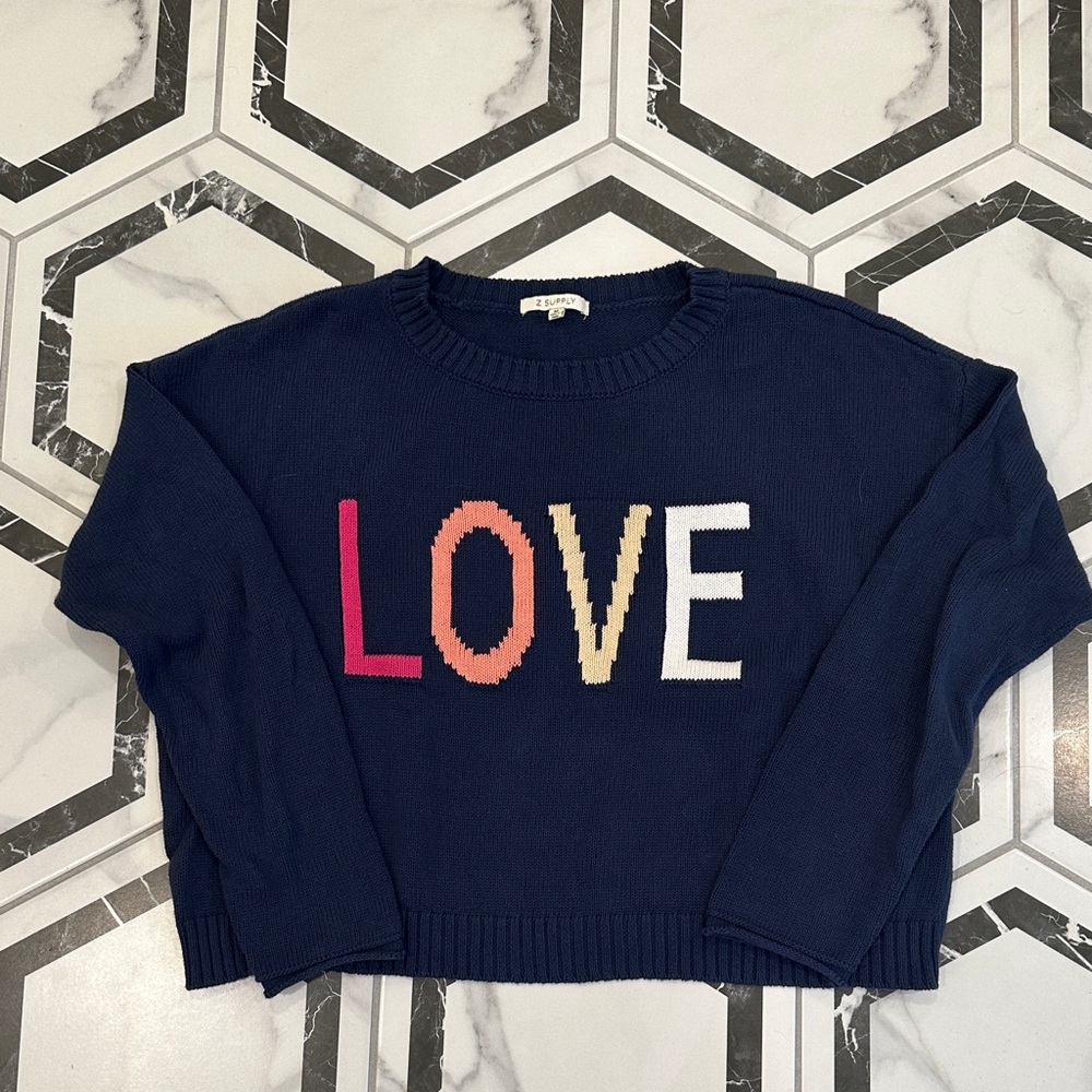 Z Supply Navy Sweater with Colorful LOVE Design